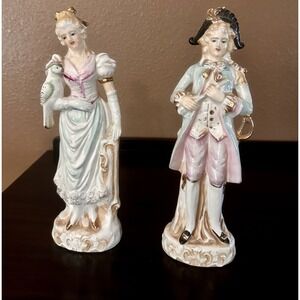 Vintage Wales Porcelain Victorian Man Woman Bird Couple Figurines Made In Japan